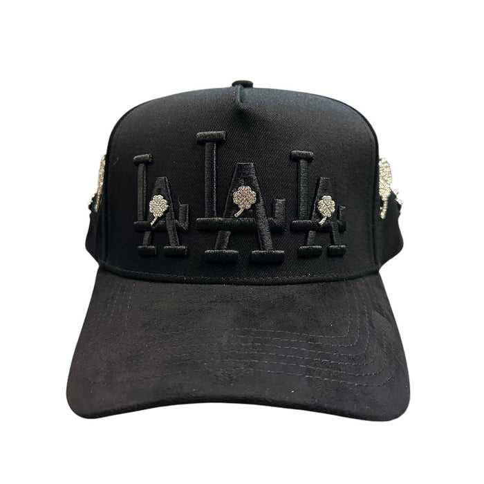 Black JG LA snapback hat with raised black embroidery and silver rhinestone clover accents