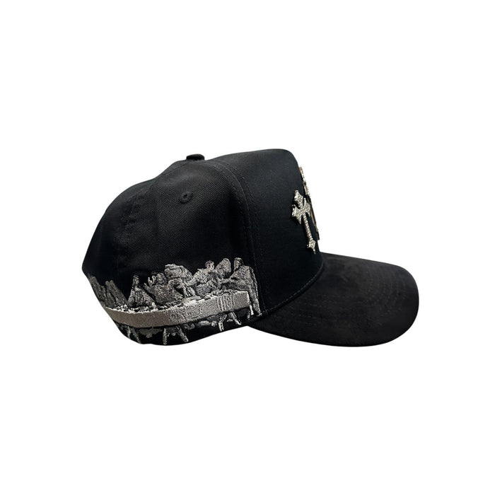 Black western streetwear snapback hat with silver Last Supper embroidery and curved brim