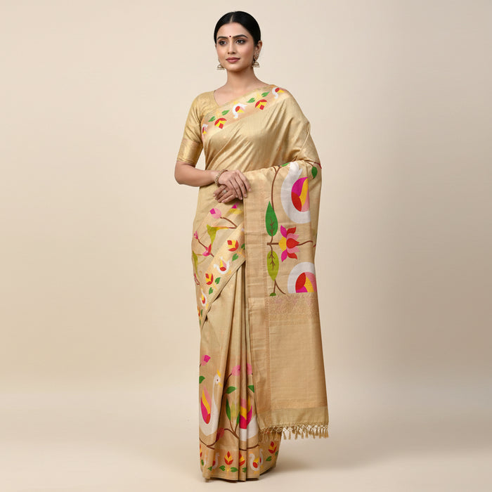 Muga Paithani motif saree in soft muga cotton with zari-woven motifs, handloom by NIIRA