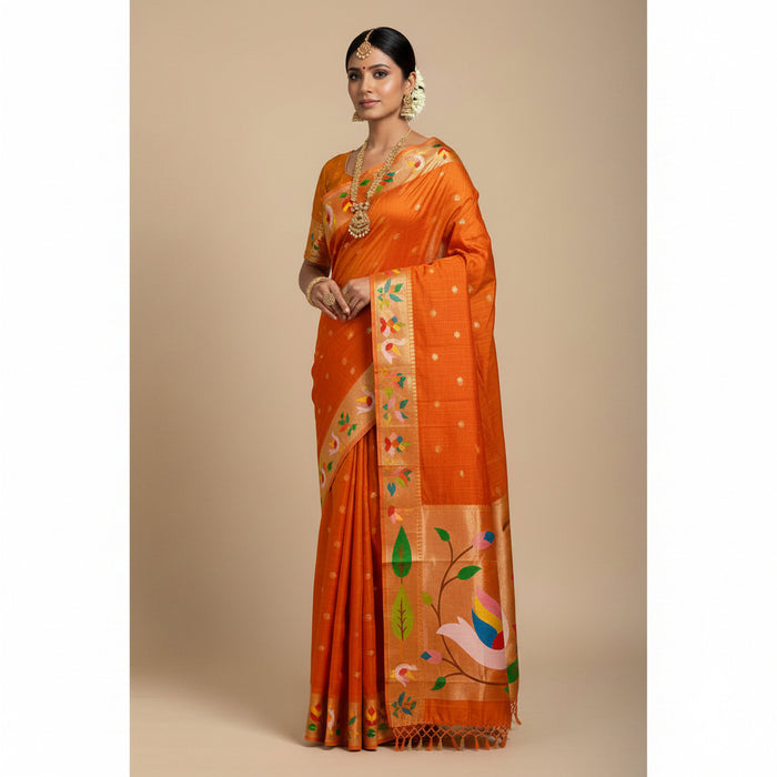 Orange fabric with colorful bird design on a white background