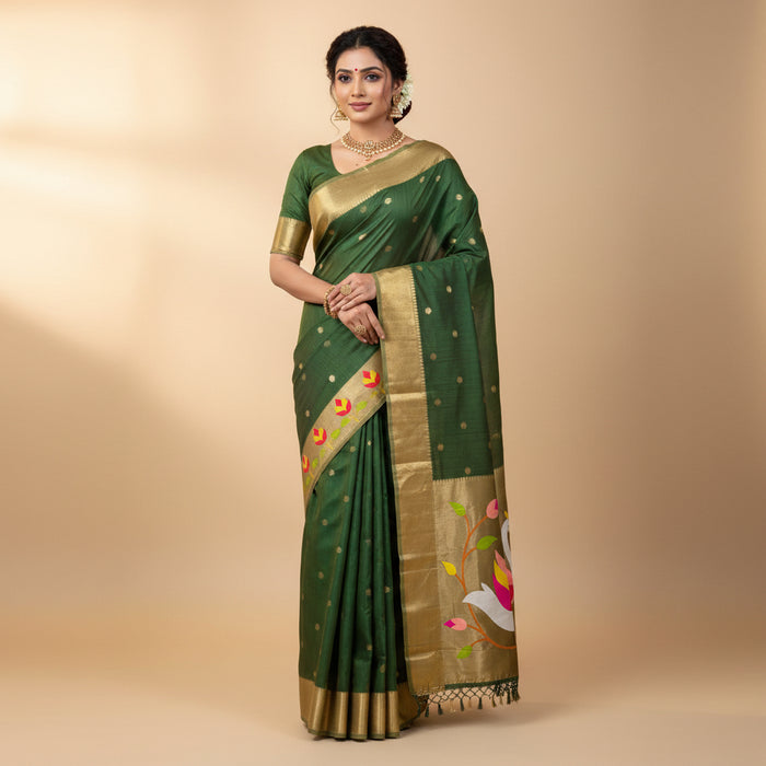 Decorative green and beige fabric with swan design on a white background