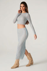 Embellished Low Rise Maxi Skirt in Aqua
