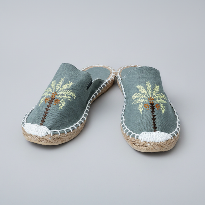Palmcrest espadrilles for women with blue palm tree print, handcrafted jute-sole flats by NIIRA