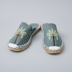 Palmcrest espadrilles for women with blue palm tree print, handcrafted jute-sole flats by NIIRA