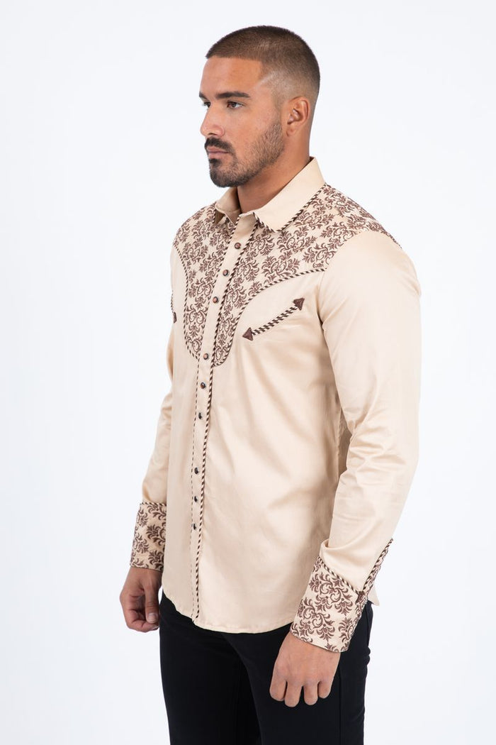 Platini Men's Cotton Khaki Embroidery Western Shirt