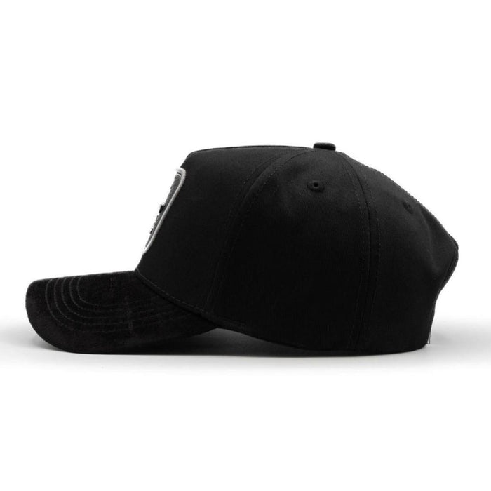 Side profile of King Ranch black western snapback hat with structured crown