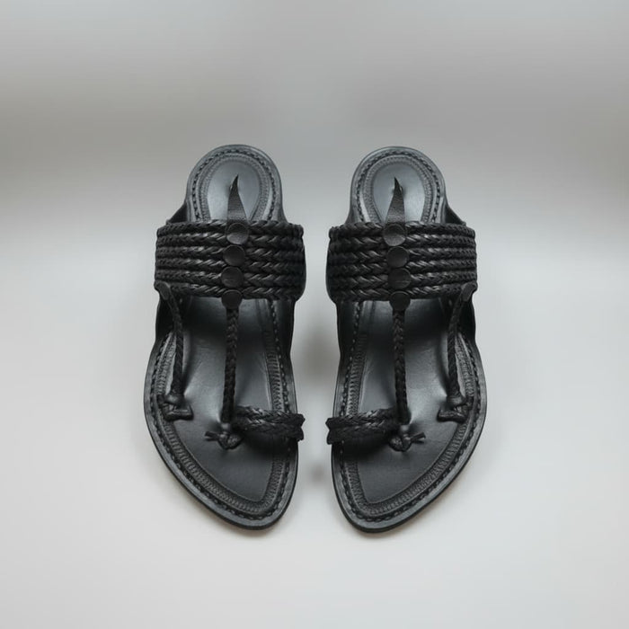 The String Dark Double Black Kolhapuri chappal for men, handcrafted braided leather by NIIRA