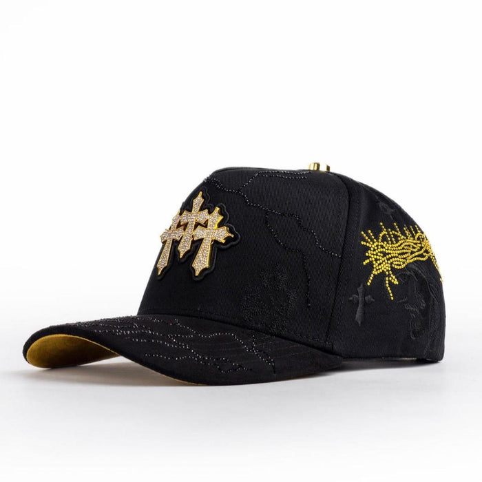 Triple Gold Cross Rhinestone Snapback Hat – Black & Gold Edition