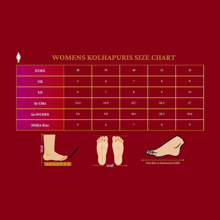 Womens Kolhapuris size chart on a red background