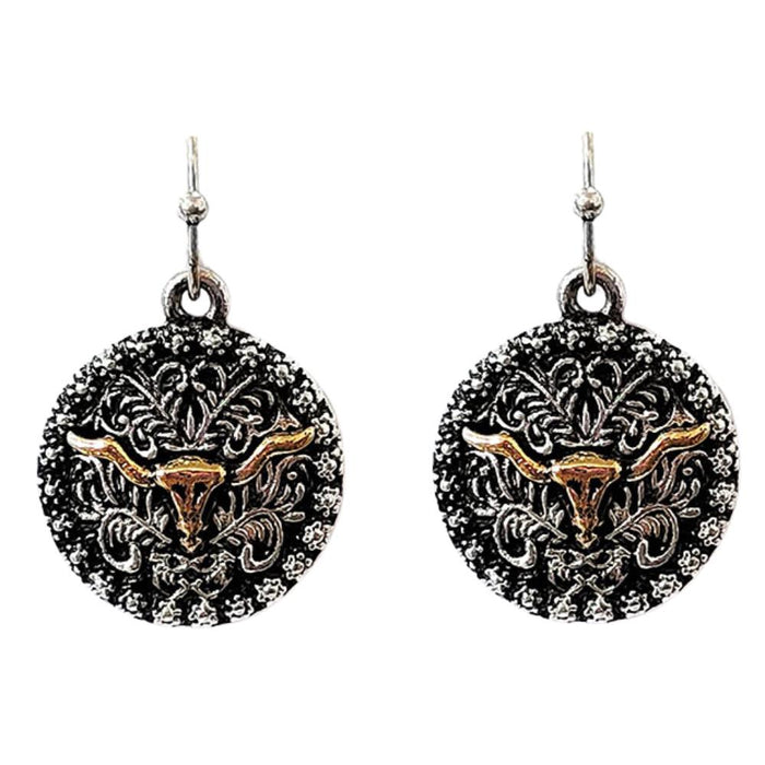 Two Toned Cow Skull Round Dangle Earrings