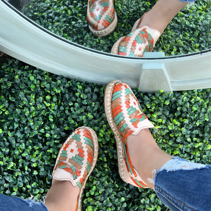 Women’s multicolor woven leather Mexican huarache espadrille with orange, purple, cream and tan detailing