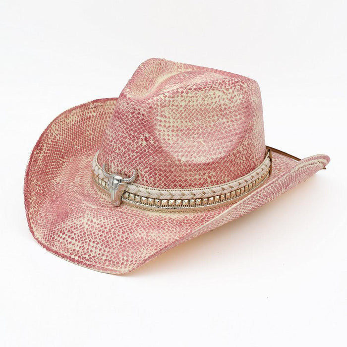 Western Festival Vintage Cowboy Hat with Silver Bull Head Band - Pink