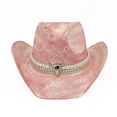 Western Festival Vintage Cowboy Hat with Silver Bull Head Band - Pink