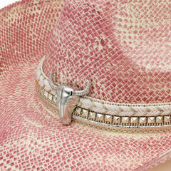 Western Festival Vintage Cowboy Hat with Silver Bull Head Band - Pink
