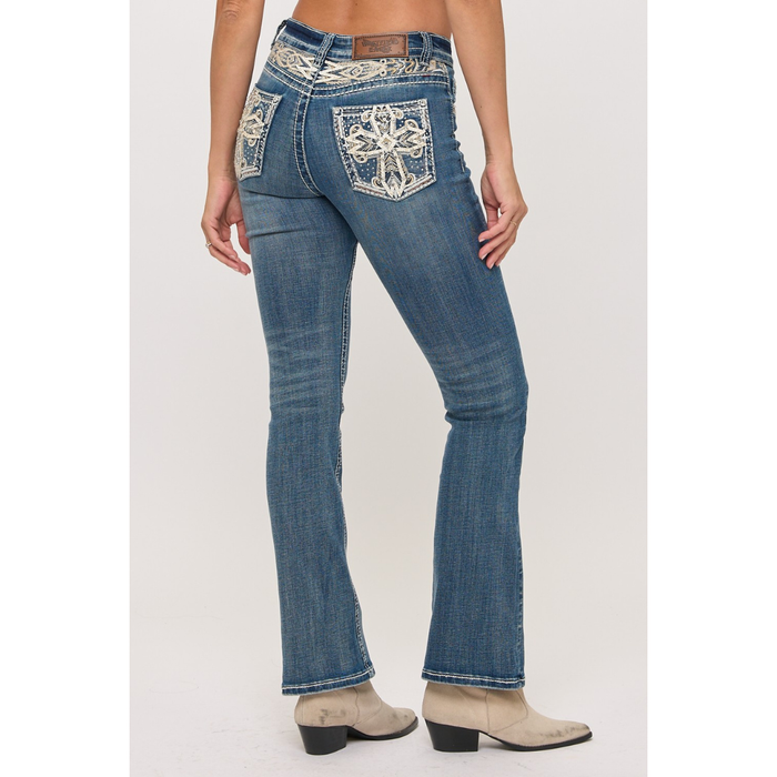 Rear angle of Westfield Eagle women's embellished western bootcut jeans with embroidered pockets.