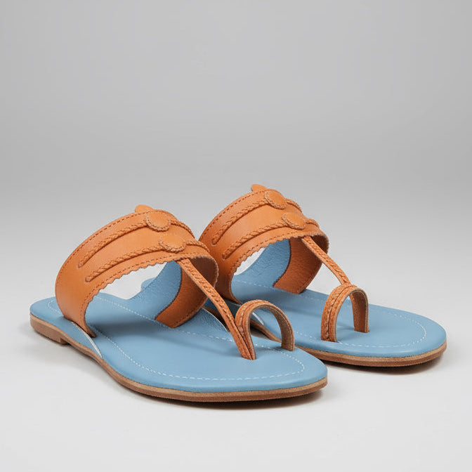 Vastra Super Soft Kolhapuri Kols for women in light blue and peach by NIIRA, handmade cushioned chappals